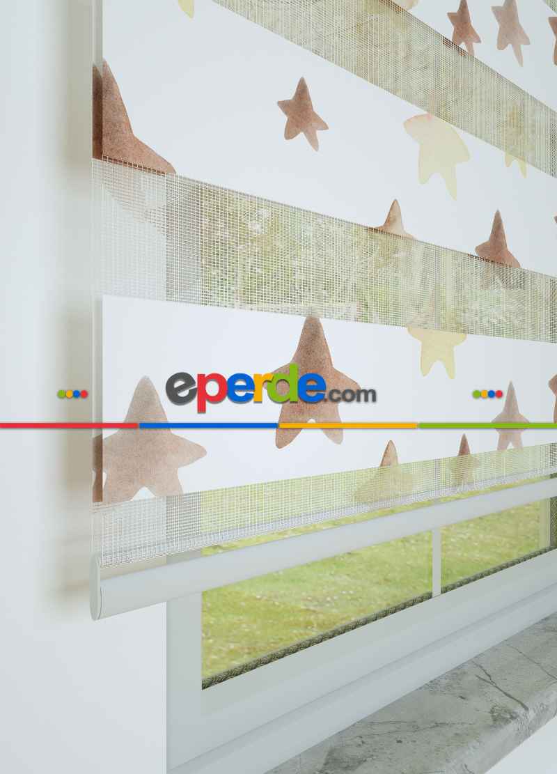 Kahverengi Sarı Yıldız Desenli Baskılı Zebra Perde