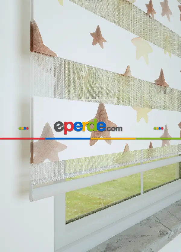 Bebek Odası - Kahverengi Sarı Yıldız Desenli Baskılı Zebra Perde