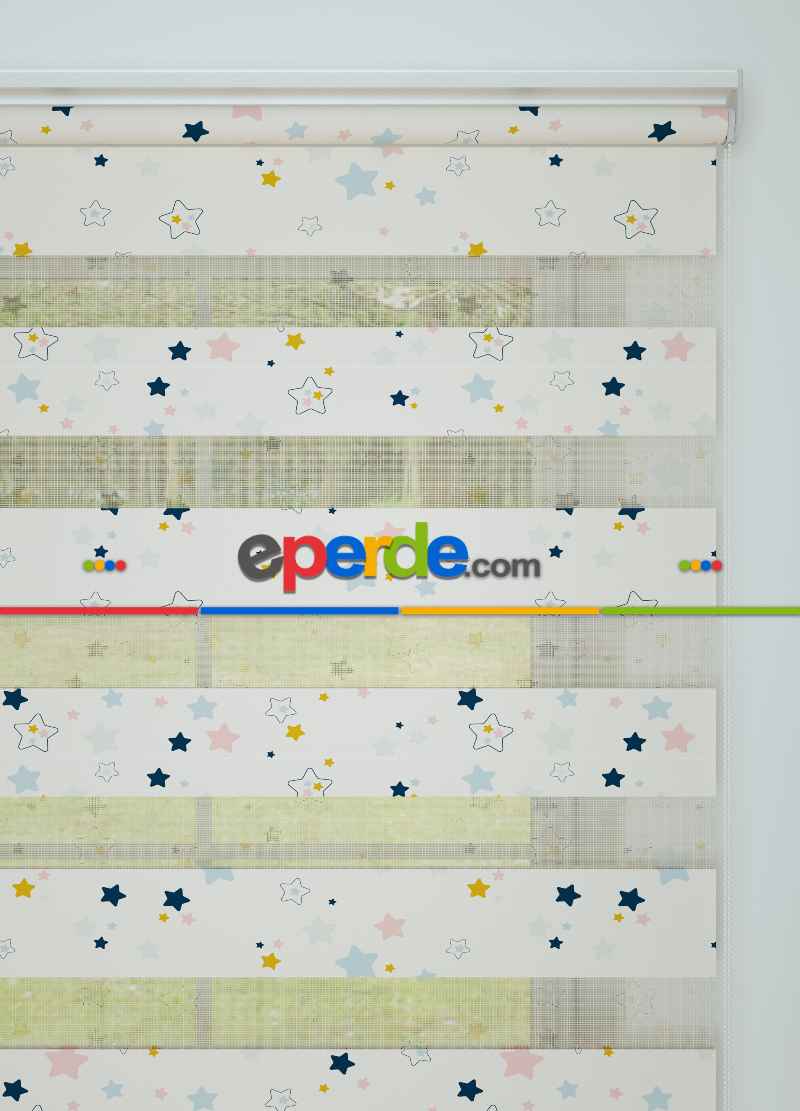 Bebek Odası - Lacivert Sarı Yıldız Desenli Baskılı Zebra Perde