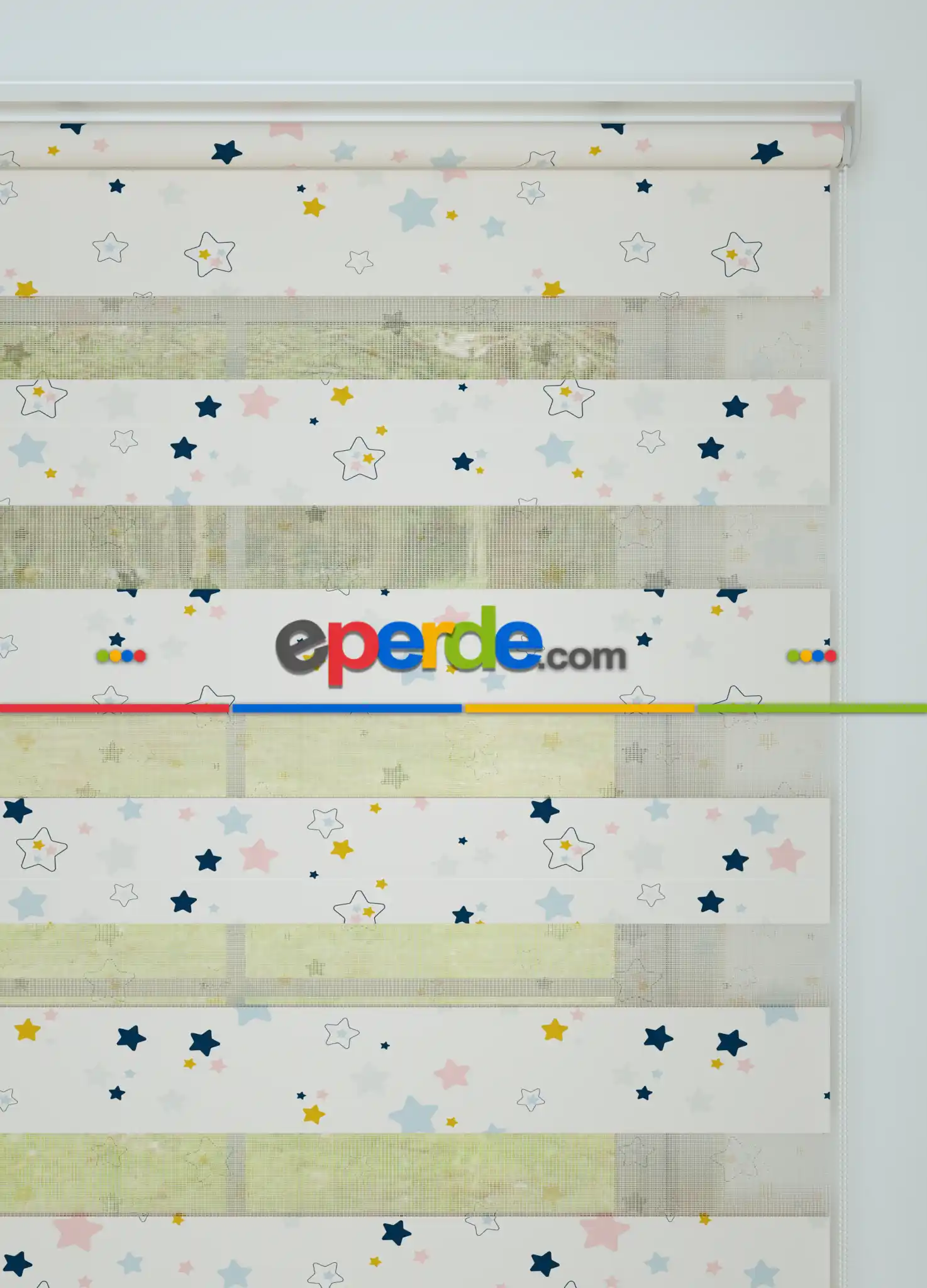 Bebek Odası - Lacivert Sarı Yıldız Desenli Baskılı Zebra Perde