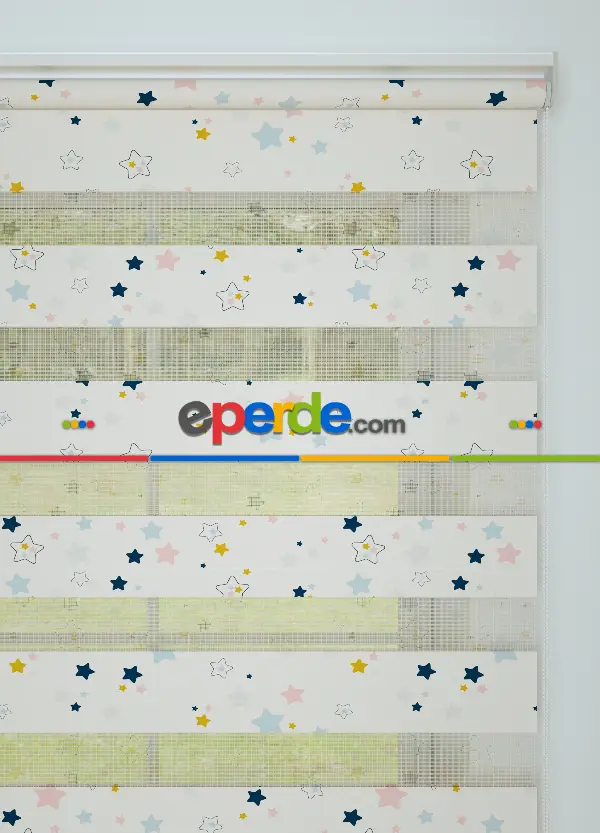 Bebek Odası - Lacivert Sarı Yıldız Desenli Baskılı Zebra Perde