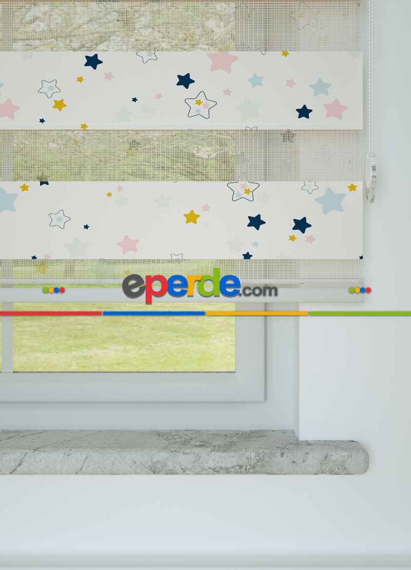 Bebek Odası - Lacivert Sarı Yıldız Desenli Baskılı Zebra Perde