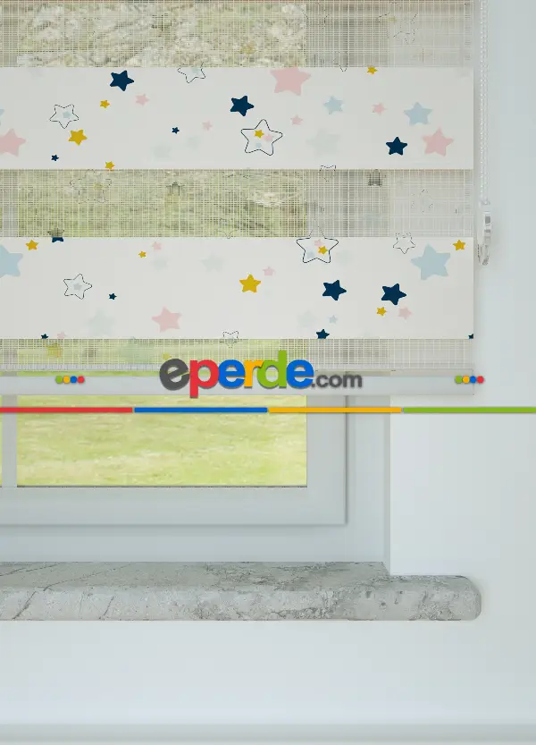 Bebek Odası - Lacivert Sarı Yıldız Desenli Baskılı Zebra Perde