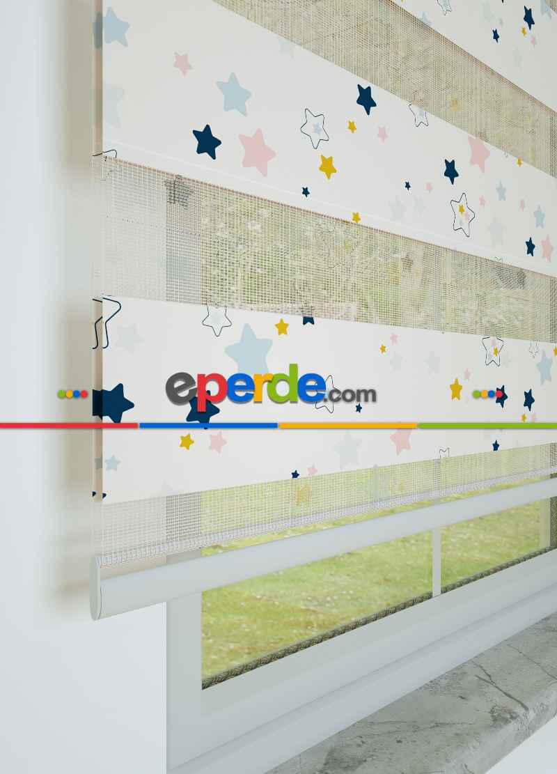 Bebek Odası - Lacivert Sarı Yıldız Desenli Baskılı Zebra Perde