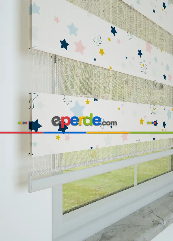 Bebek Odası - Lacivert Sarı Yıldız Desenli Baskılı Zebra Perde