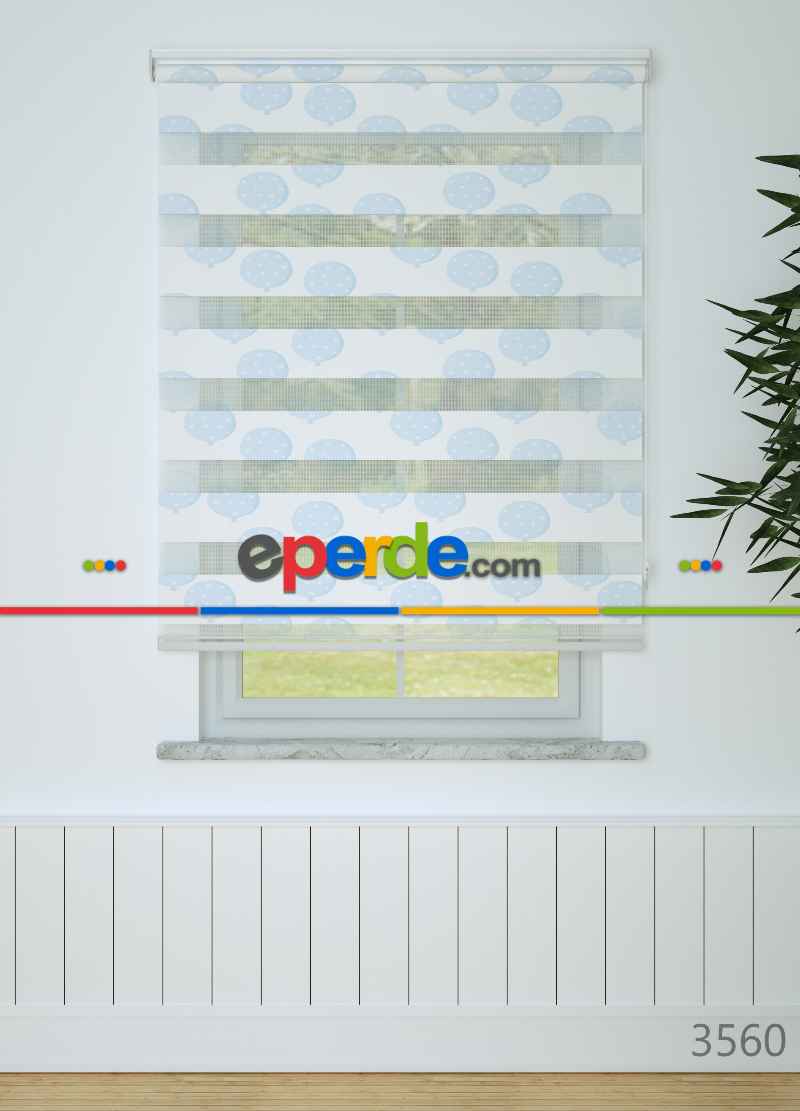 Mavi Balon Desenli Baskılı Zebra Perde