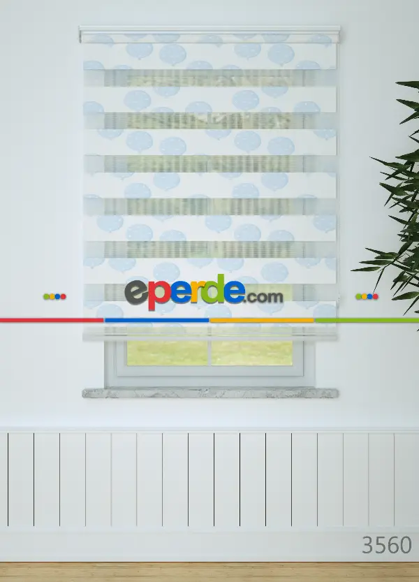 Mavi Balon Desenli Baskılı Zebra Perde