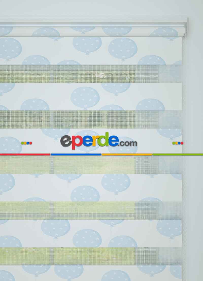 Mavi Balon Desenli Baskılı Zebra Perde