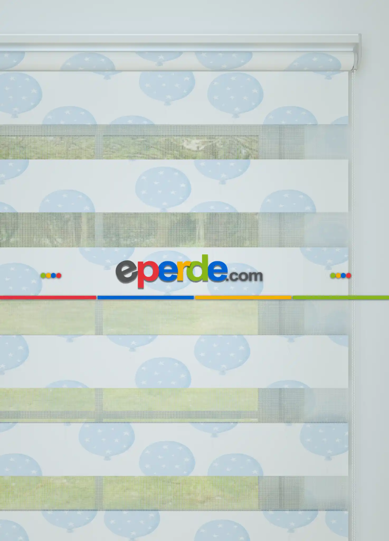 Mavi Balon Desenli Baskılı Zebra Perde