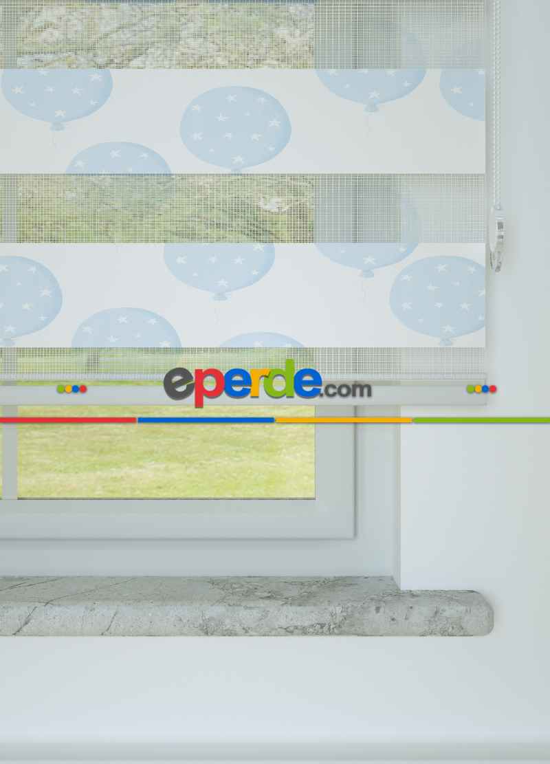 Mavi Balon Desenli Baskılı Zebra Perde