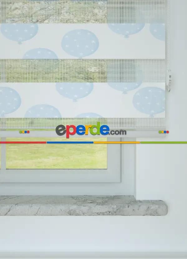 Mavi Balon Desenli Baskılı Zebra Perde