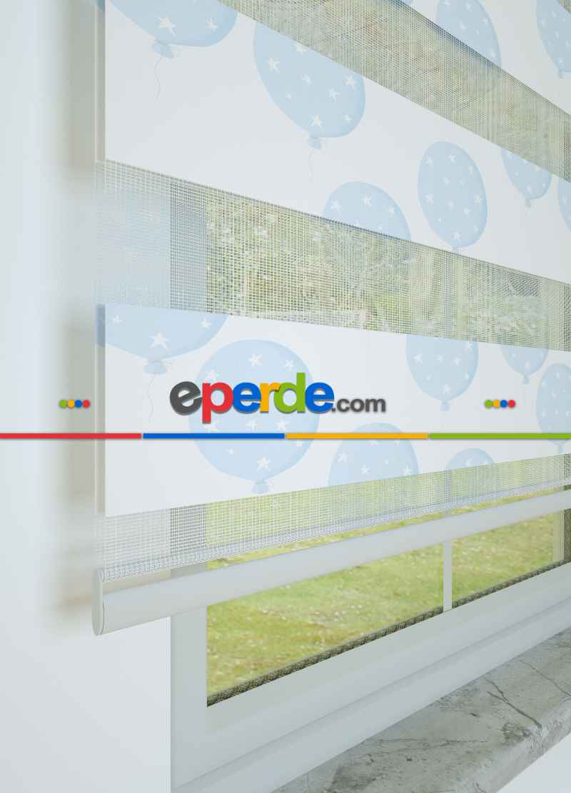 Mavi Balon Desenli Baskılı Zebra Perde