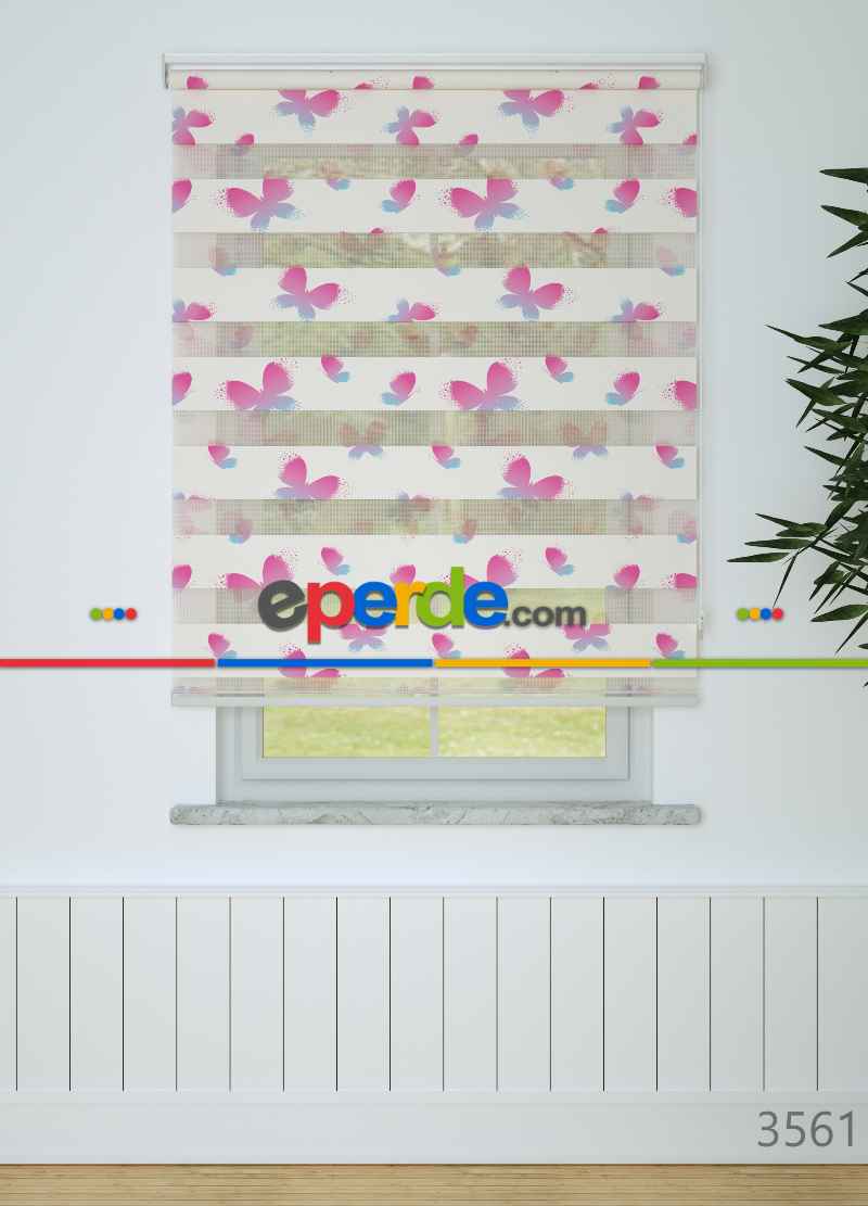 Çocuk Odası - Pembe Mavi Kelebek Desenli Baskılı Zebra Perde