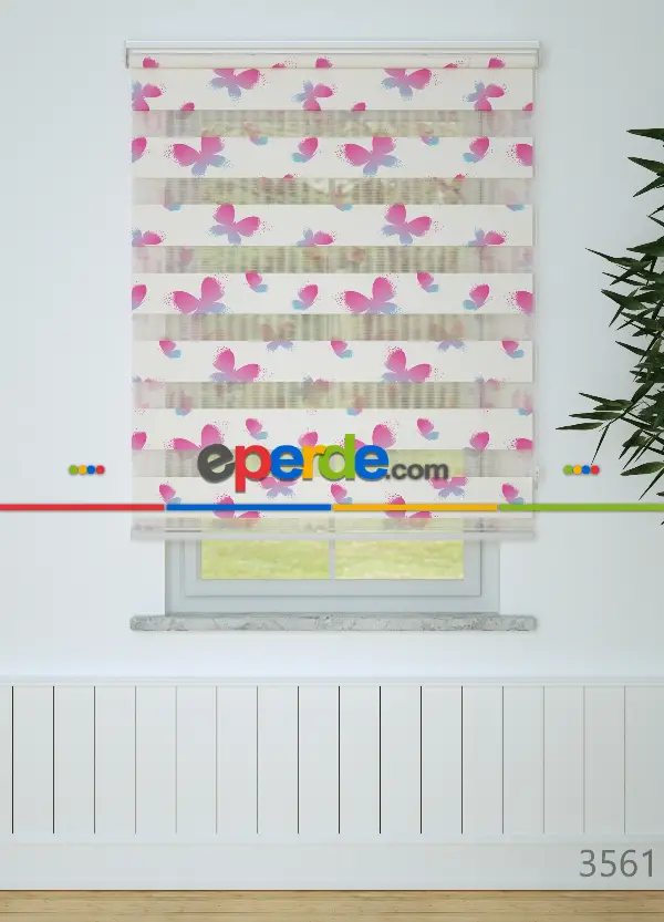 Çocuk Odası - Pembe Mavi Kelebek Desenli Baskılı Zebra Perde