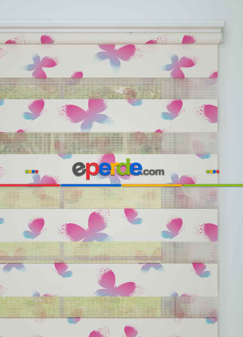 Çocuk Odası - Pembe Mavi Kelebek Desenli Baskılı Zebra Perde
