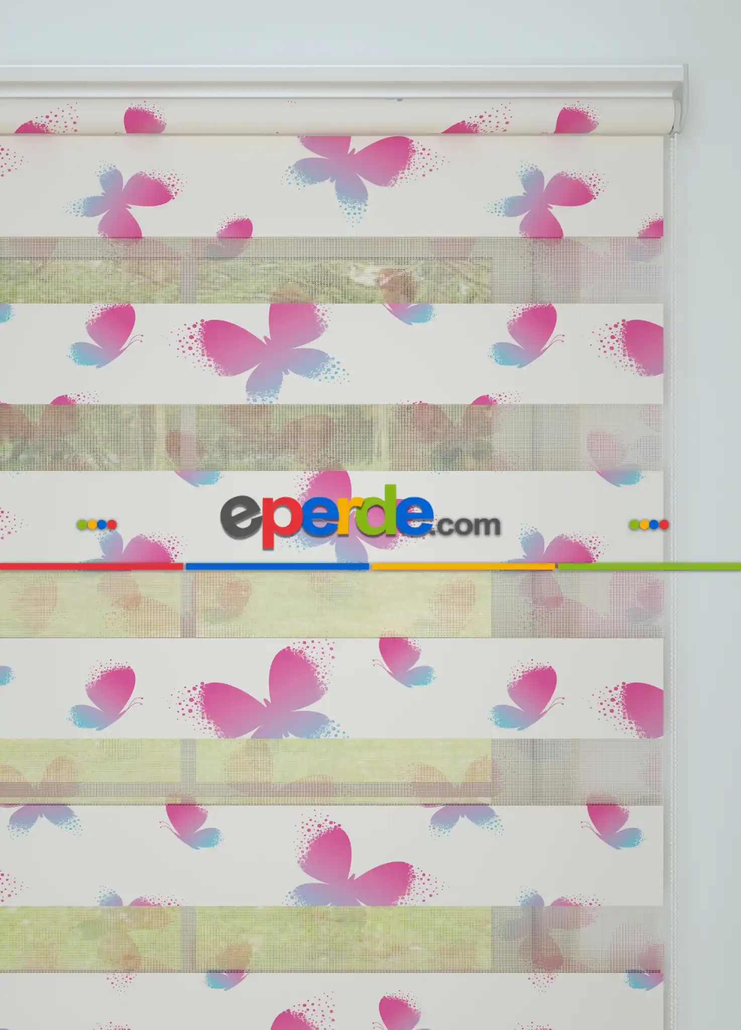 Çocuk Odası - Pembe Mavi Kelebek Desenli Baskılı Zebra Perde