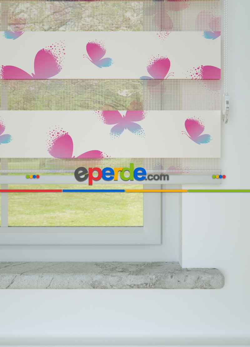 Çocuk Odası - Pembe Mavi Kelebek Desenli Baskılı Zebra Perde