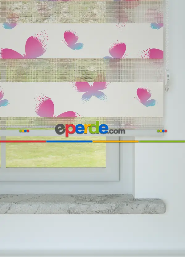 Çocuk Odası - Pembe Mavi Kelebek Desenli Baskılı Zebra Perde