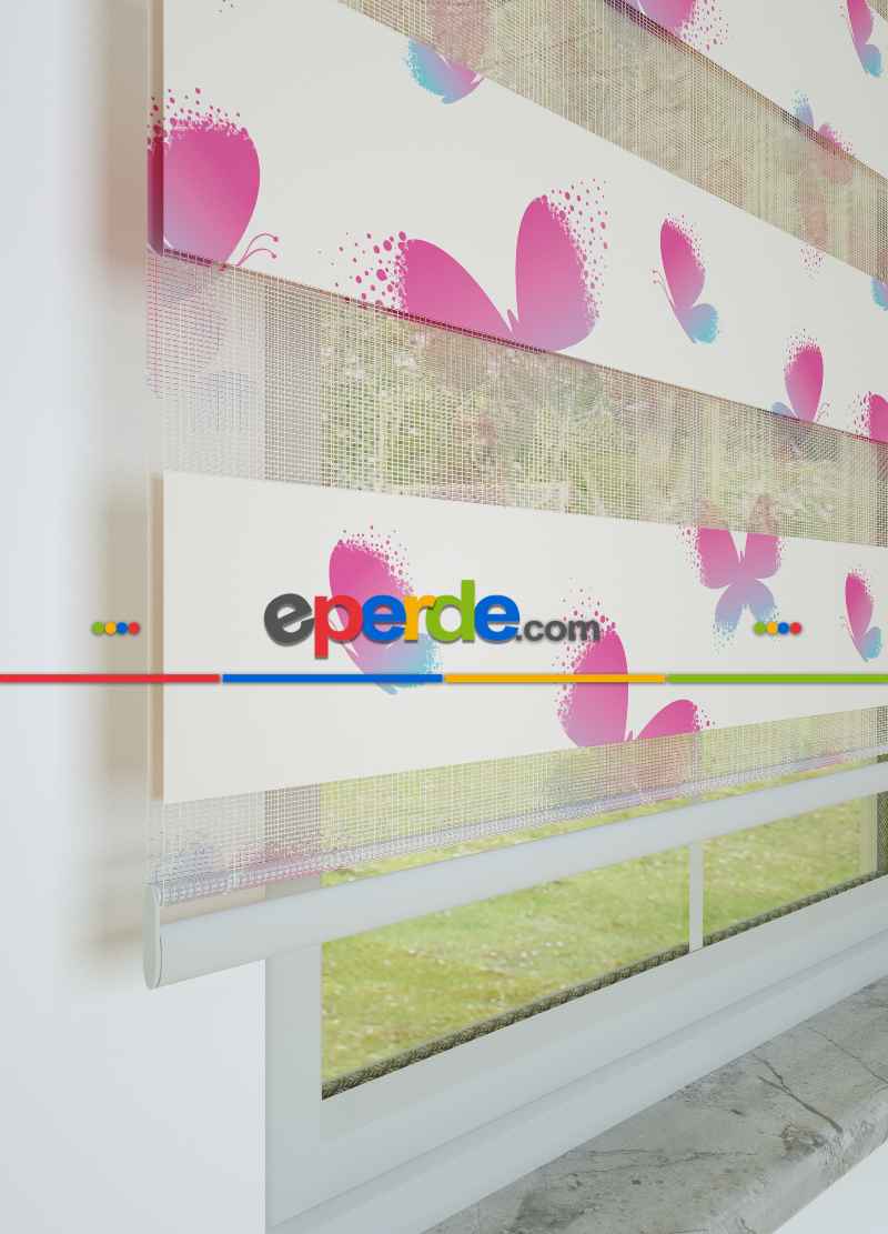 Çocuk Odası - Pembe Mavi Kelebek Desenli Baskılı Zebra Perde