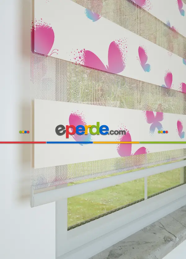 Çocuk Odası - Pembe Mavi Kelebek Desenli Baskılı Zebra Perde