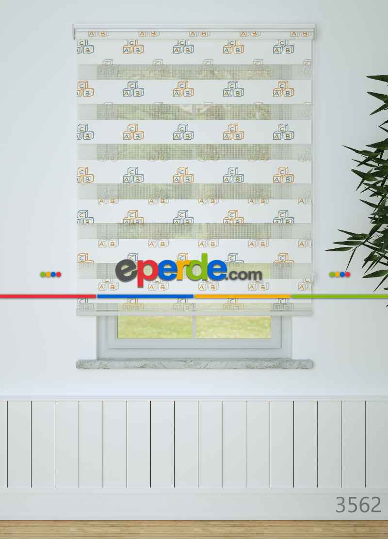 Çocuk Odası - Turuncu Harf Küpü Desenli Baskılı Zebra Perde