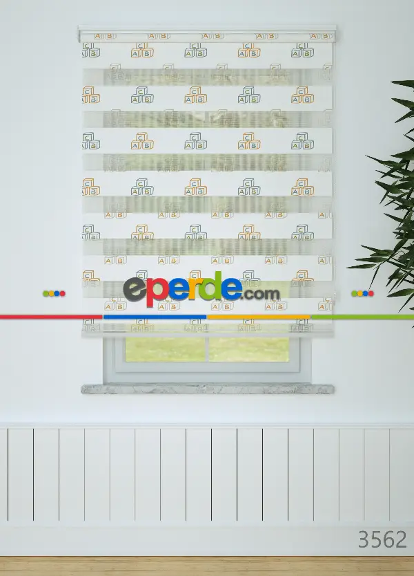 Çocuk Odası - Turuncu Harf Küpü Desenli Baskılı Zebra Perde