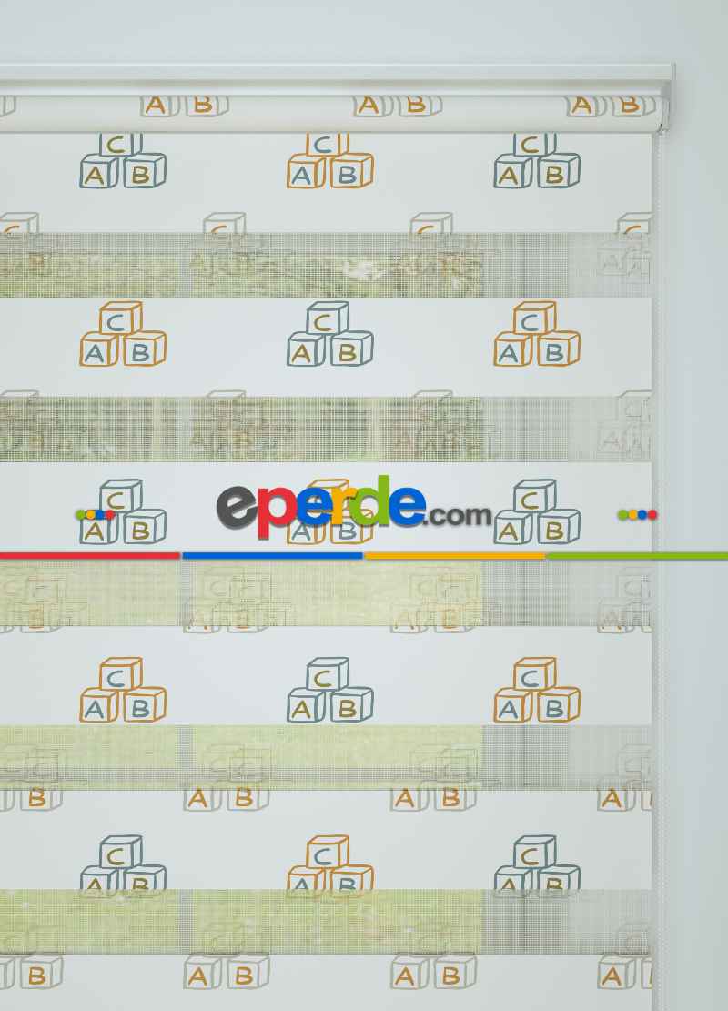 Çocuk Odası - Turuncu Harf Küpü Desenli Baskılı Zebra Perde