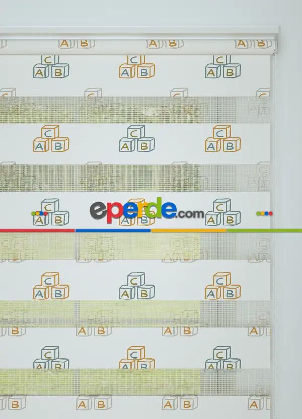 Çocuk Odası - Turuncu Harf Küpü Desenli Baskılı Zebra Perde