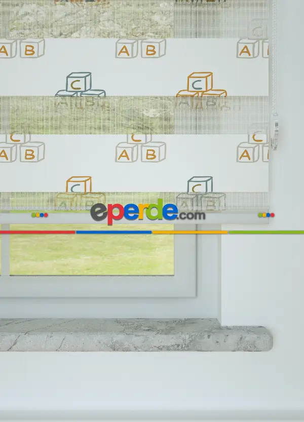 Çocuk Odası - Turuncu Harf Küpü Desenli Baskılı Zebra Perde