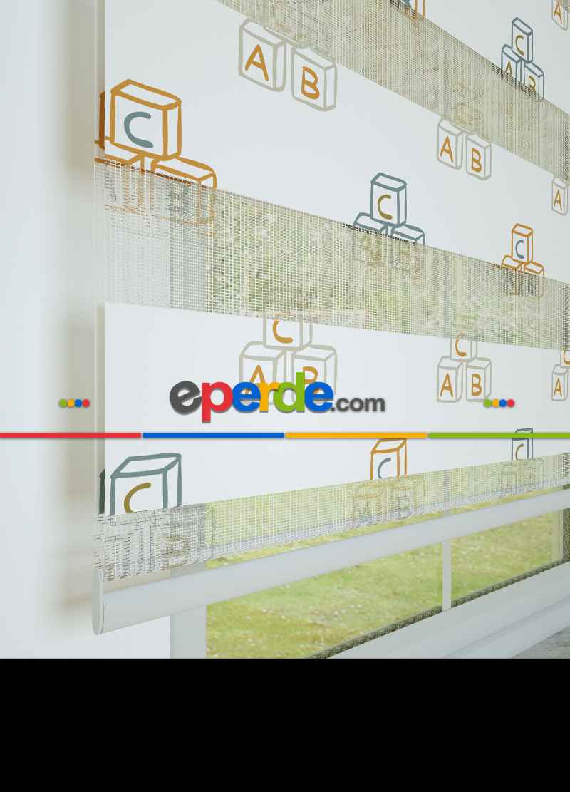 Çocuk Odası - Turuncu Harf Küpü Desenli Baskılı Zebra Perde