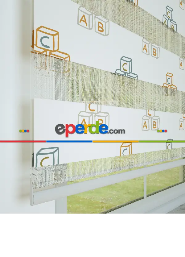 Çocuk Odası - Turuncu Harf Küpü Desenli Baskılı Zebra Perde