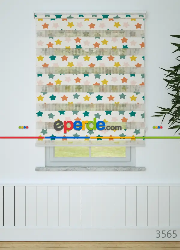 Bebek Odası - Yeşil Sarı Yıldız Desenli Baskılı Zebra Perde