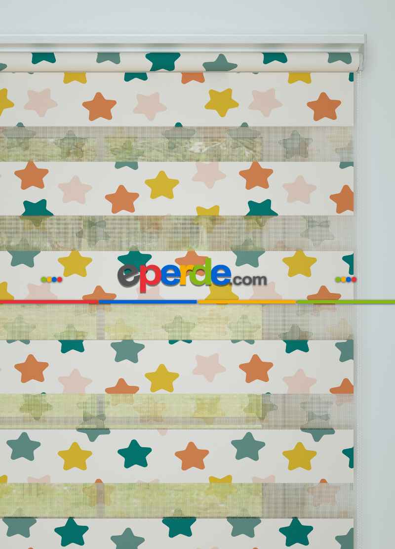 Yeşil Sarı Yıldız Desenli Baskılı Zebra Perde