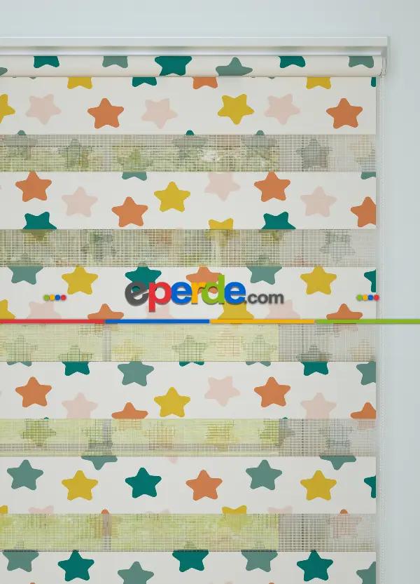 Bebek Odası - Yeşil Sarı Yıldız Desenli Baskılı Zebra Perde