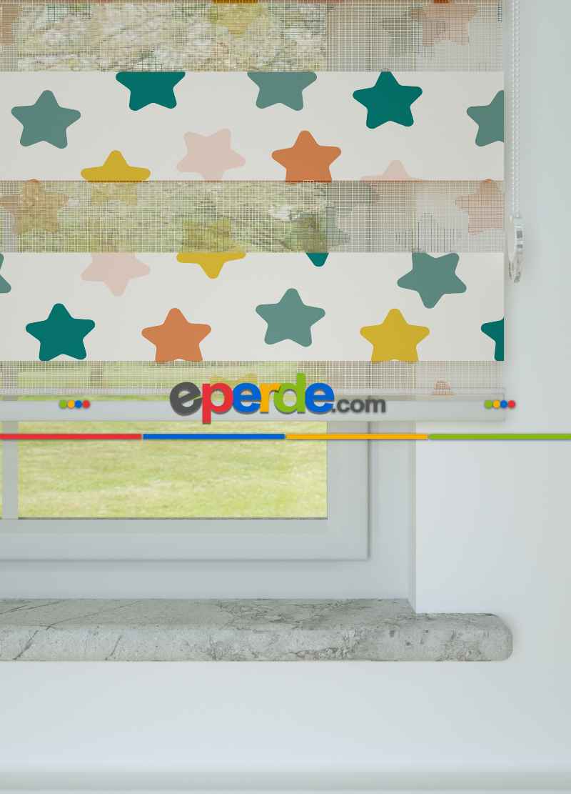 Yeşil Sarı Yıldız Desenli Baskılı Zebra Perde