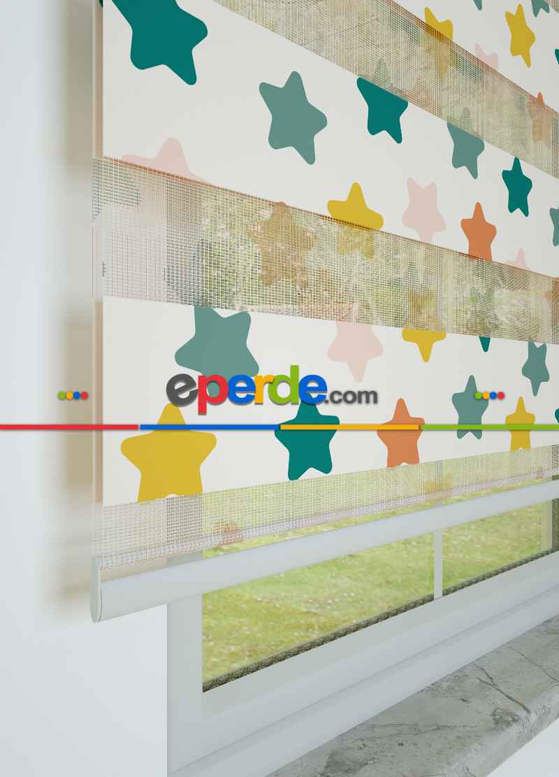 Yeşil Sarı Yıldız Desenli Baskılı Zebra Perde