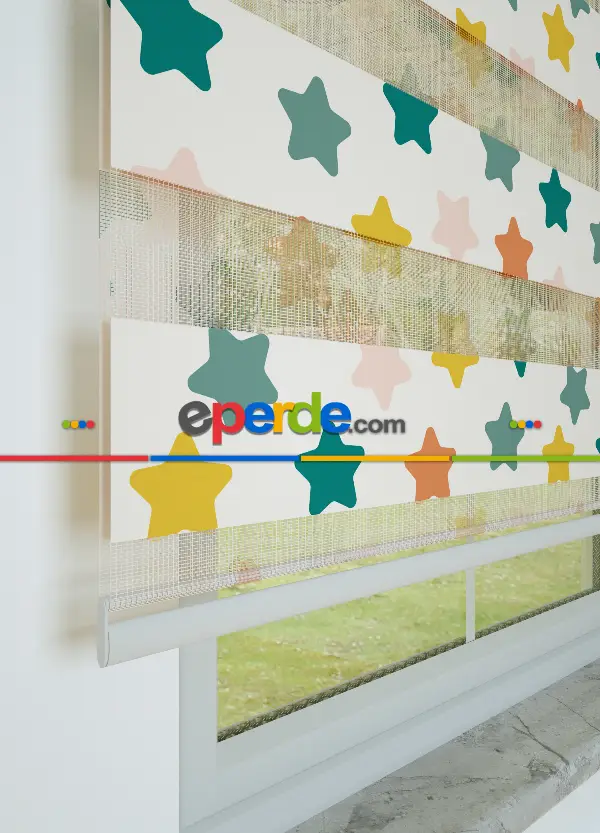 Bebek Odası - Yeşil Sarı Yıldız Desenli Baskılı Zebra Perde