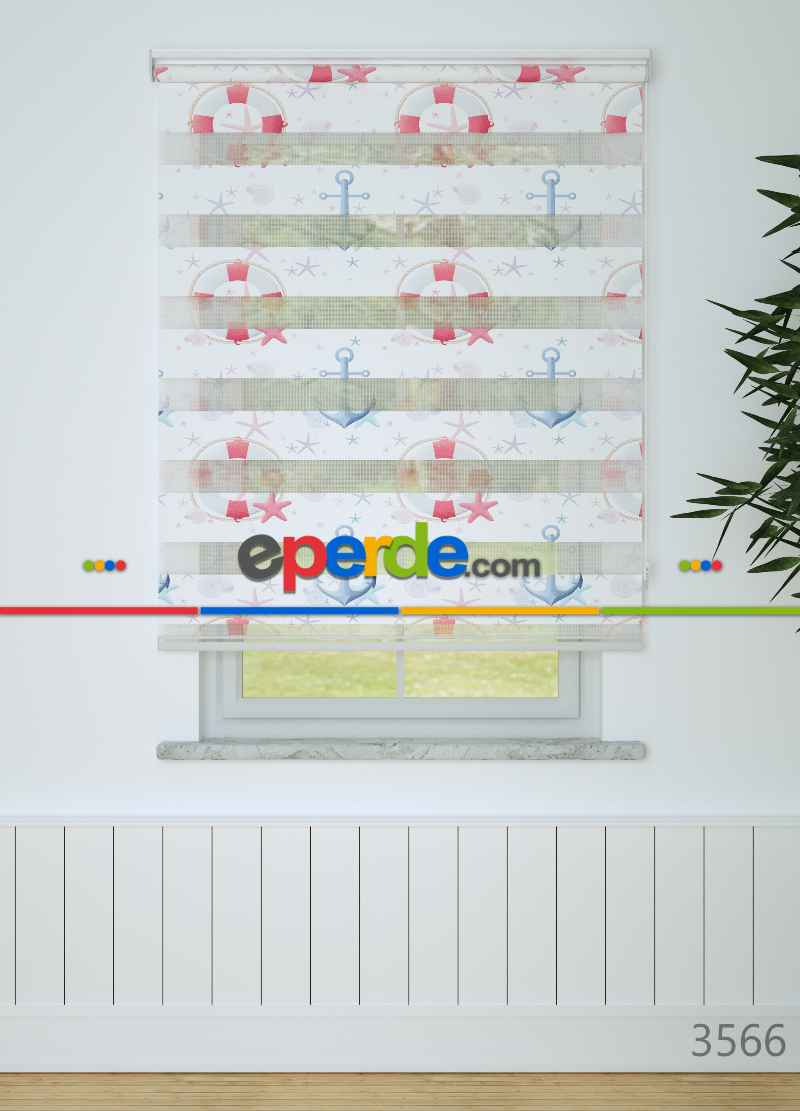 Çocuk Odası - Pembe Mavi Denizci Desenli Baskılı Zebra Perde
