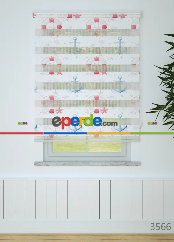 Pembe Mavi Denizci Desenli Baskılı Zebra Perde