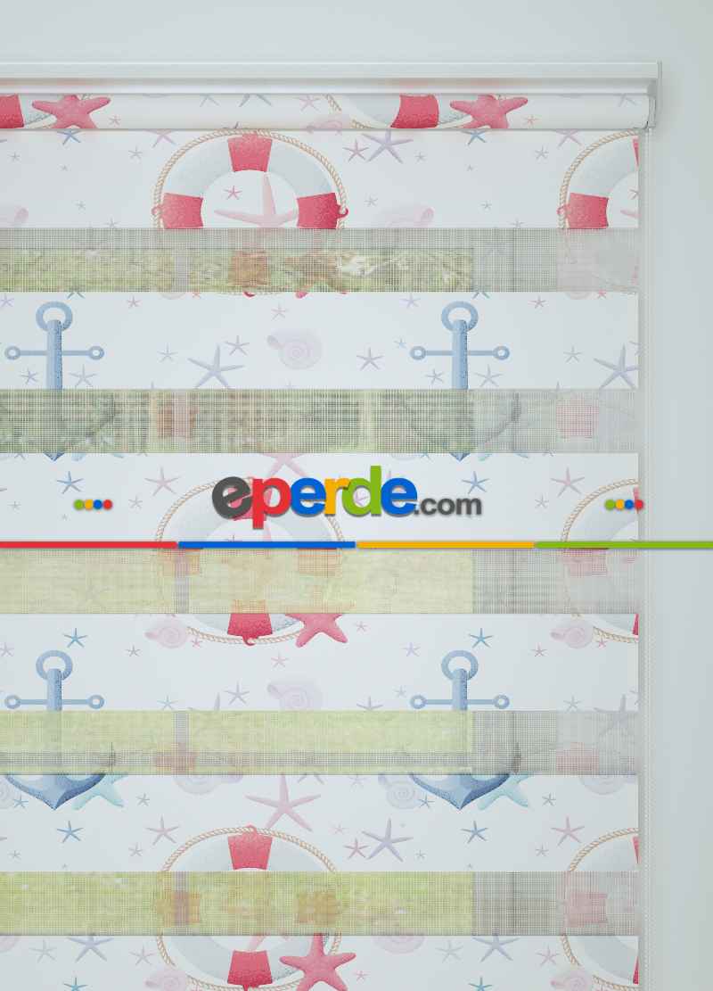 Çocuk Odası - Pembe Mavi Denizci Desenli Baskılı Zebra Perde