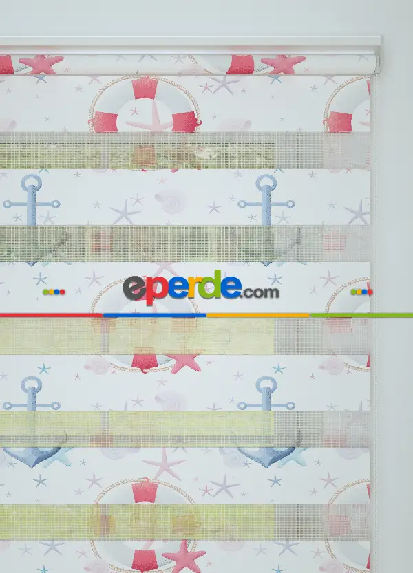 Pembe Mavi Denizci Desenli Baskılı Zebra Perde