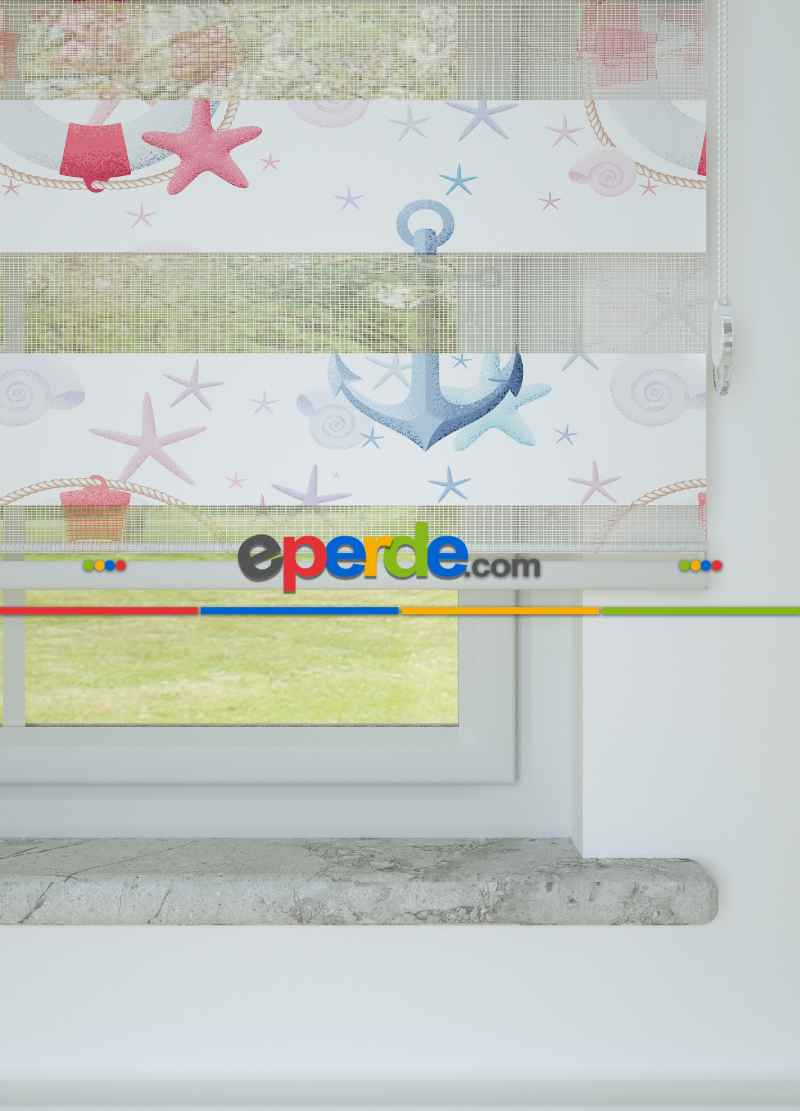 Çocuk Odası - Pembe Mavi Denizci Desenli Baskılı Zebra Perde