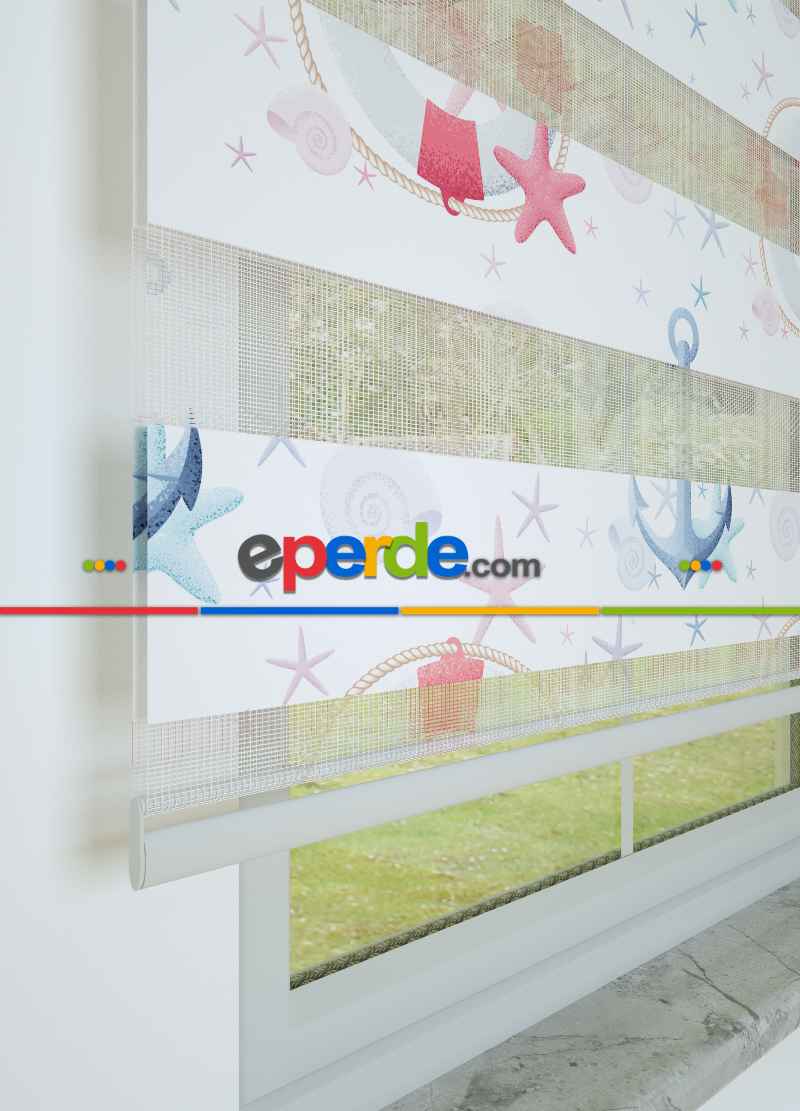 Çocuk Odası - Pembe Mavi Denizci Desenli Baskılı Zebra Perde