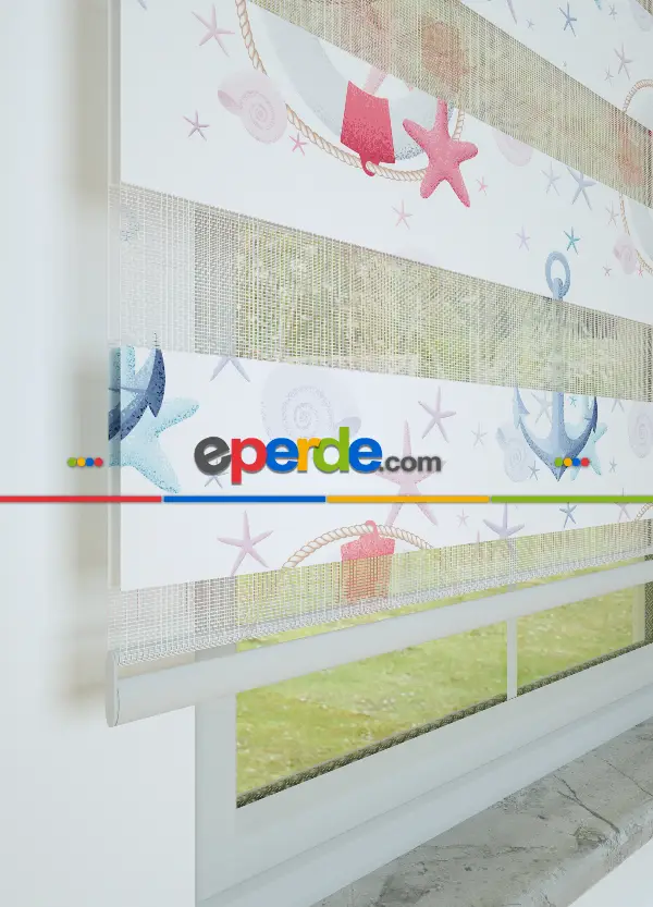 Pembe Mavi Denizci Desenli Baskılı Zebra Perde