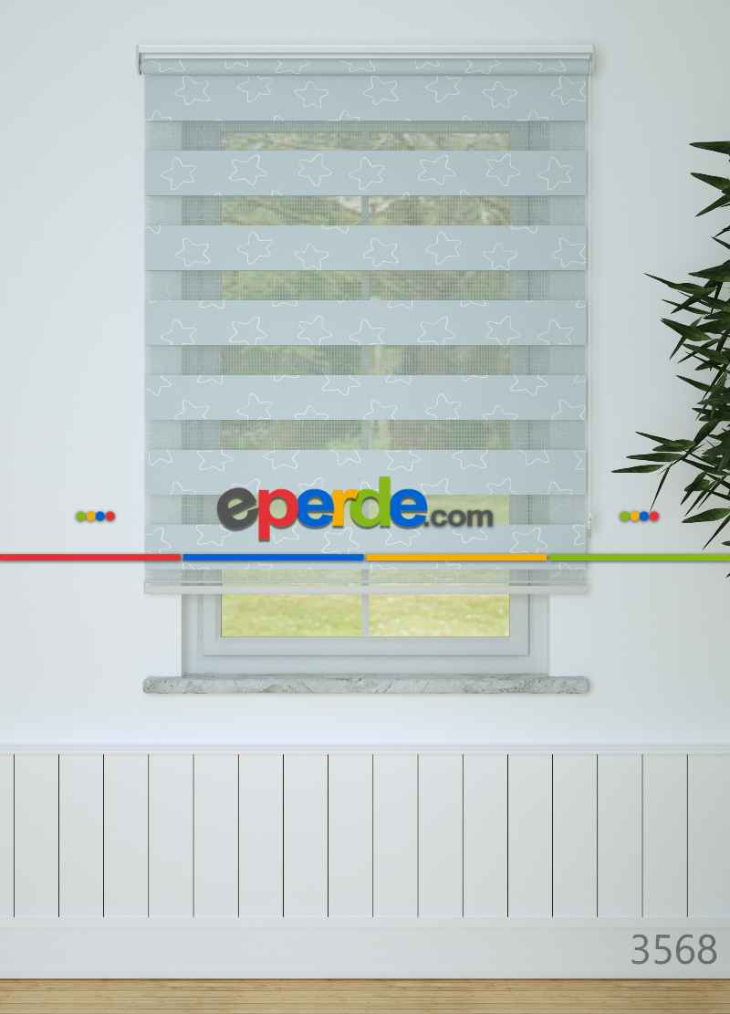 Bebek Odası - Grimsi Mavi Yıldız Desenli Baskılı Zebra Perde