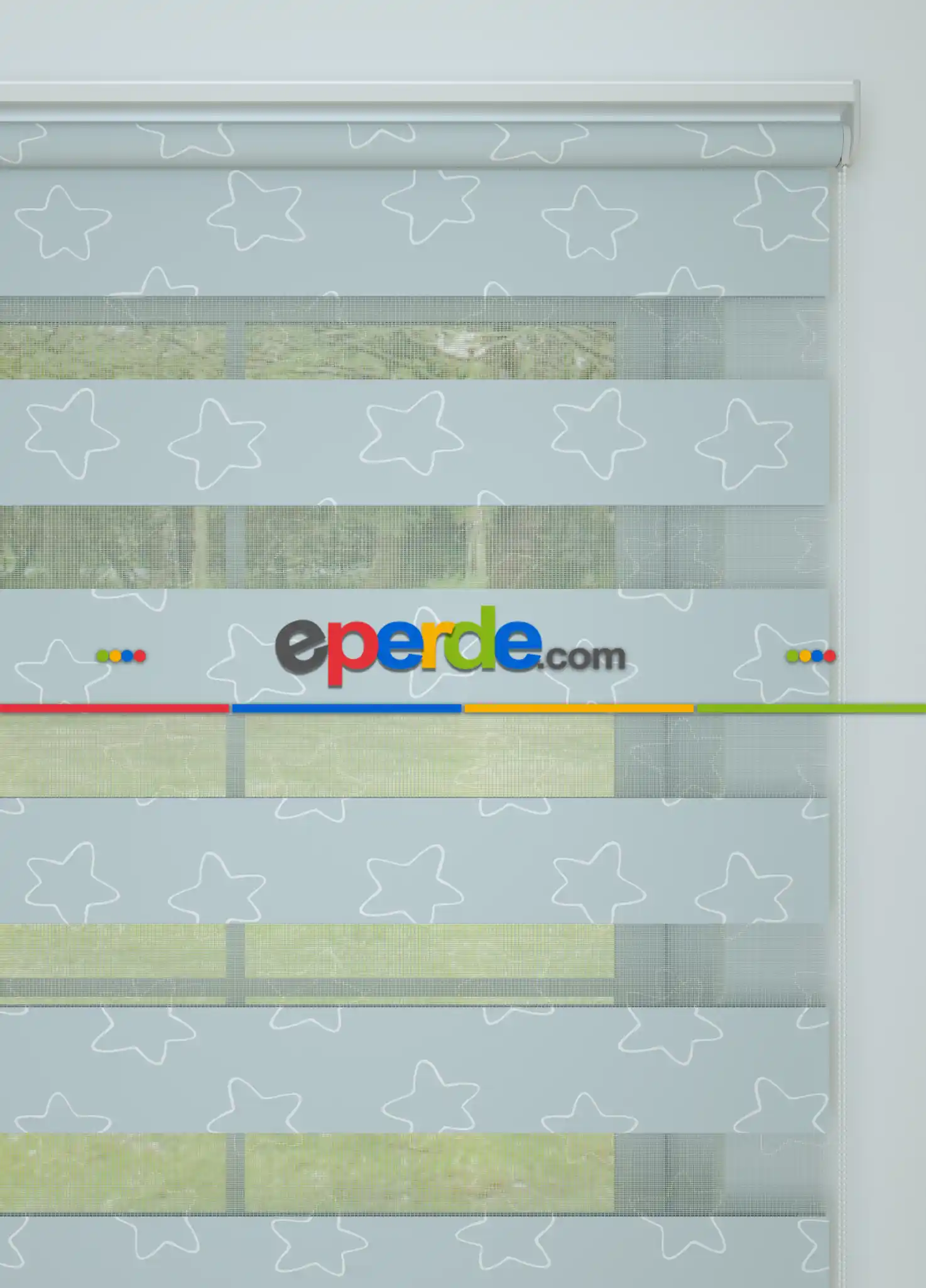 Bebek Odası - Grimsi Mavi Yıldız Desenli Baskılı Zebra Perde