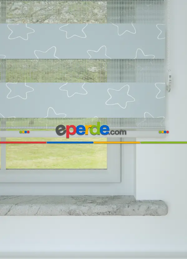 Bebek Odası - Grimsi Mavi Yıldız Desenli Baskılı Zebra Perde