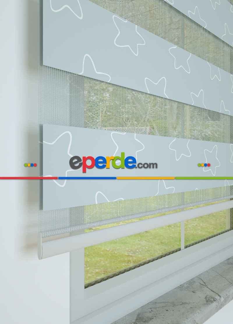 Bebek Odası - Grimsi Mavi Yıldız Desenli Baskılı Zebra Perde