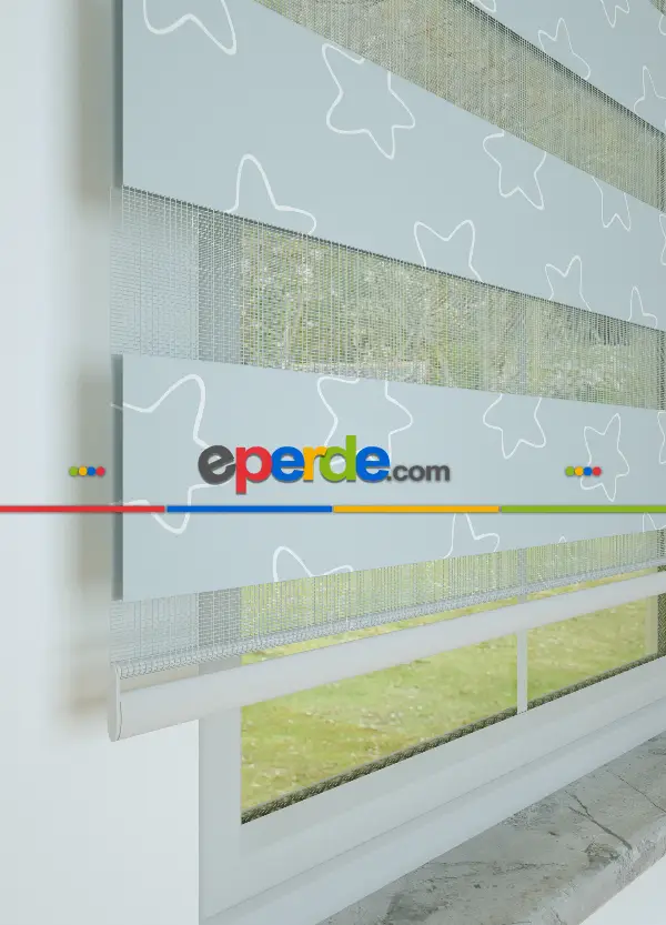 Bebek Odası - Grimsi Mavi Yıldız Desenli Baskılı Zebra Perde