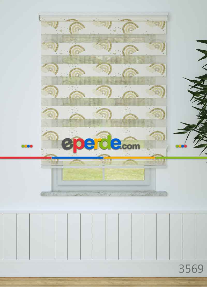 Çocuk Odası - Kahve Sarı Gökkuşağı Desenli Baskılı Zebra Perde